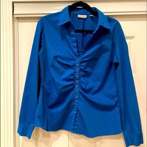 New York & Co. Blouse- Size L. Very pretty/slimming ruching. Electric blue
